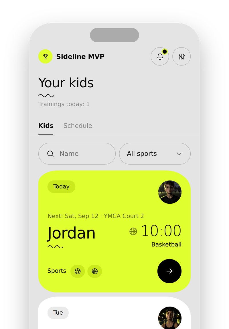 Real Sideline MVP home screen with each child's next practice