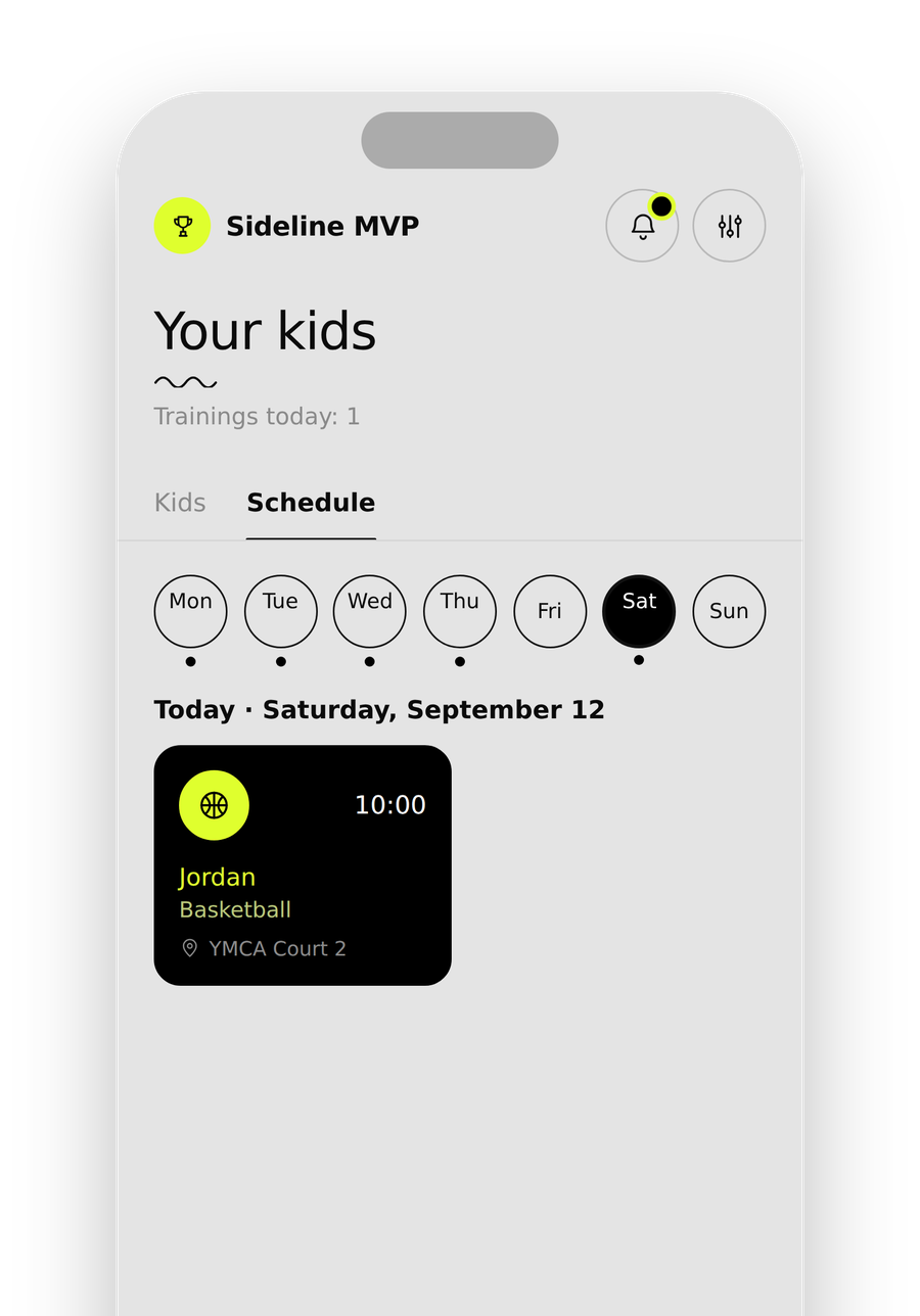 Real weekly schedule screen showing practices by day and location